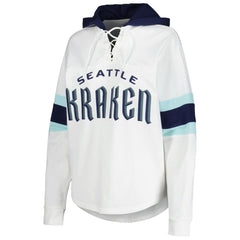 Seattle Kraken G-III 4Her by Carl Banks Women's Goal Zone Long Sleeve Lace-Up Hoodie T-Shirt White/Deep Sea Blue