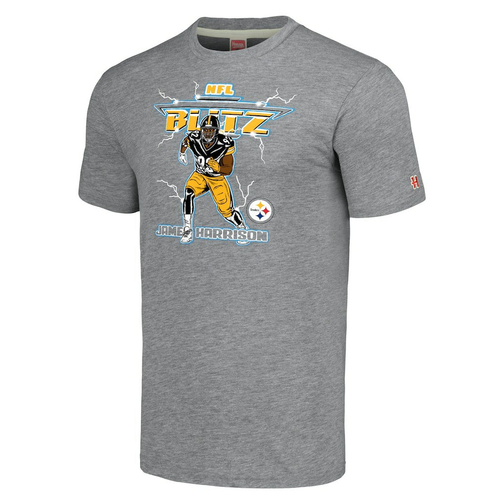 James Harrison Pittsburgh Steelers Homage Unisex NFL Blitz Retired Player Tri-Blend T-Shirt Heathered Heather Gray - NFL