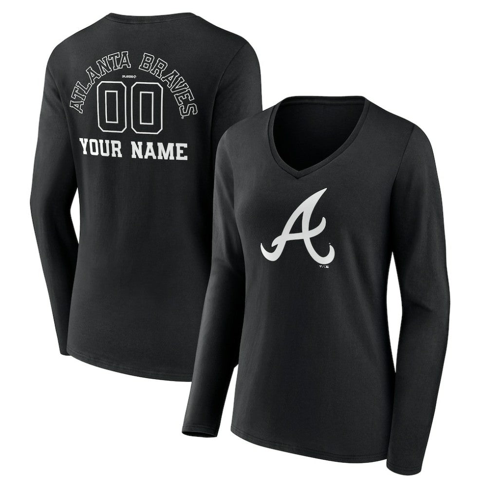 Atlanta Braves Women's Monochrome Personalized Name & Number Long Sleeve V-Neck T-Shirt discount