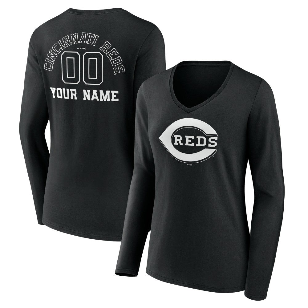 Cincinnati Reds Women's Monochrome Personalized Name & Number Long Sleeve V-Neck T-Shirt Sale