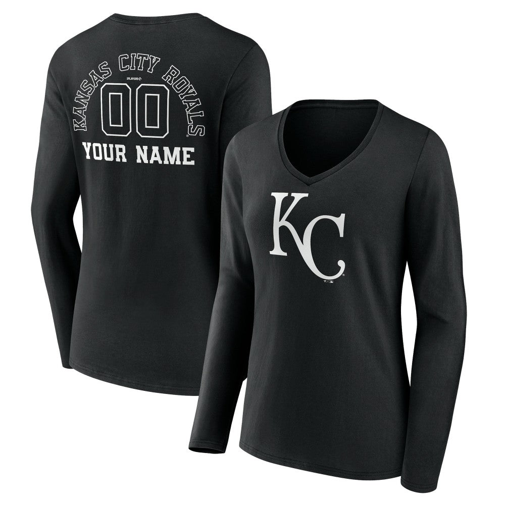 Kansas City Royals Women's Monochrome Personalized Name & Number Long Sleeve V-Neck T-Shirt Clearance
