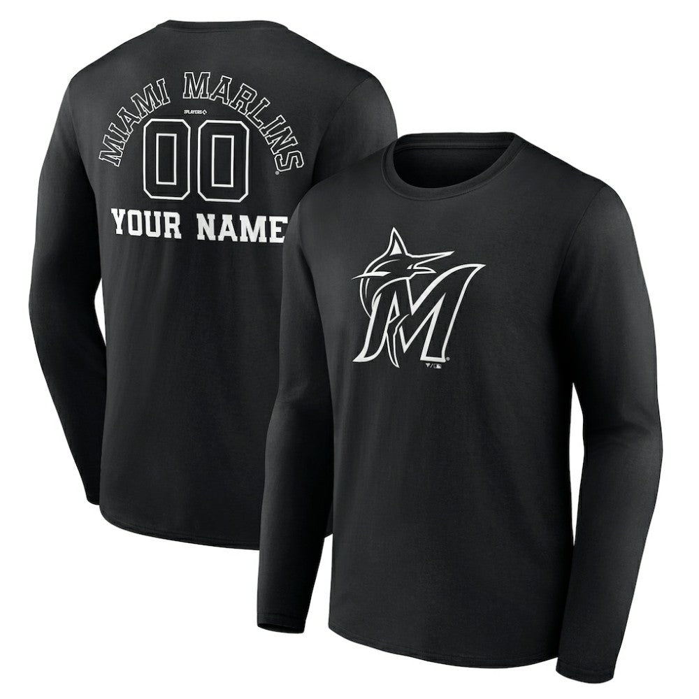 Miami Marlins Monochrome Personalized Name & Number Long Sleeve T-Shirt for sale
