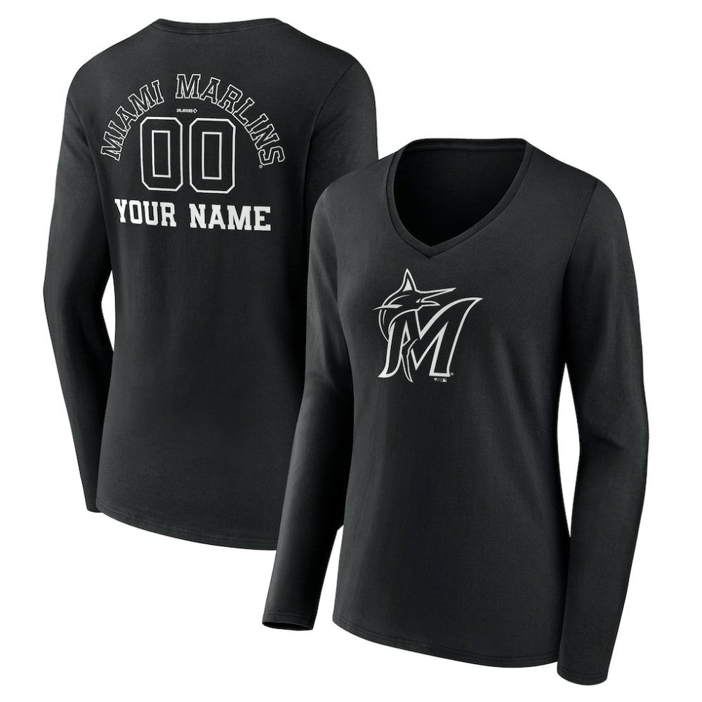 Miami Marlins Women's Monochrome Personalized Name & Number Long Sleeve V-Neck T-Shirt Sale