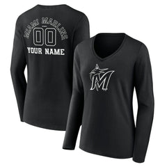 Miami Marlins Women's Monochrome Personalized Name & Number Long Sleeve V-Neck T-Shirt Sale