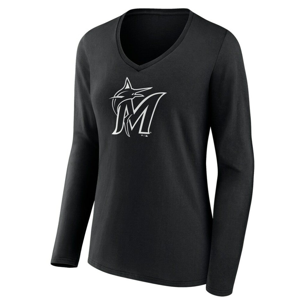 Miami Marlins Women's Monochrome Personalized Name & Number Long Sleeve V-Neck T-Shirt Sale