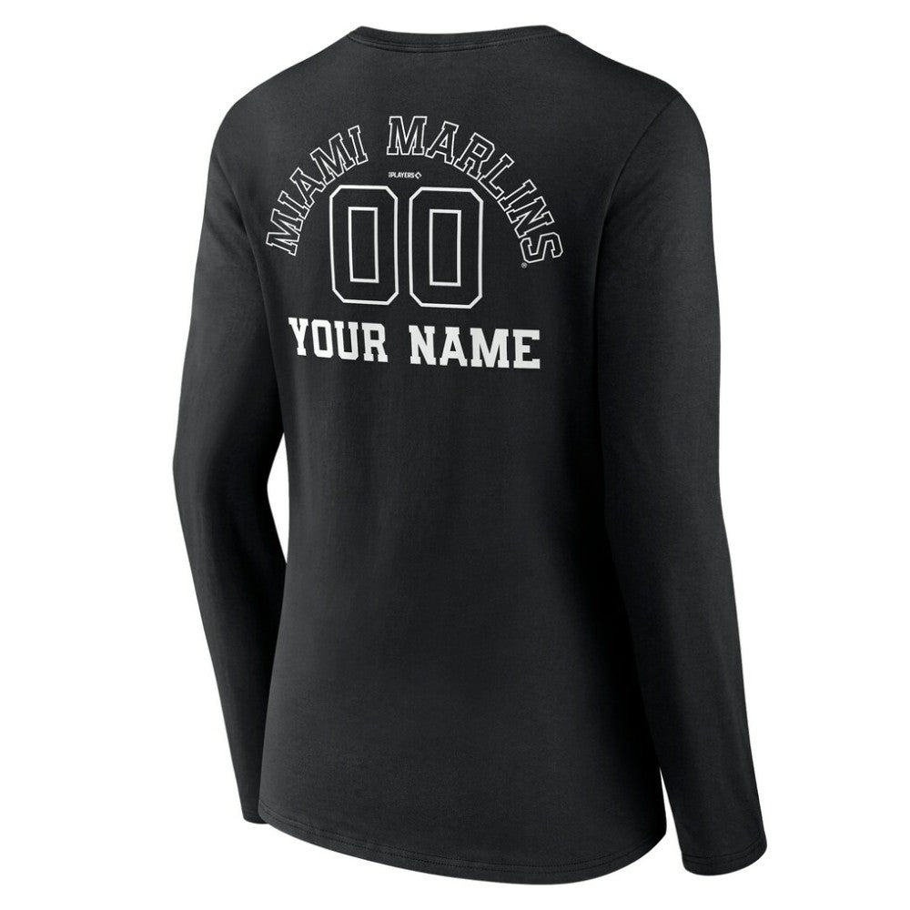 Miami Marlins Women's Monochrome Personalized Name & Number Long Sleeve V-Neck T-Shirt Sale
