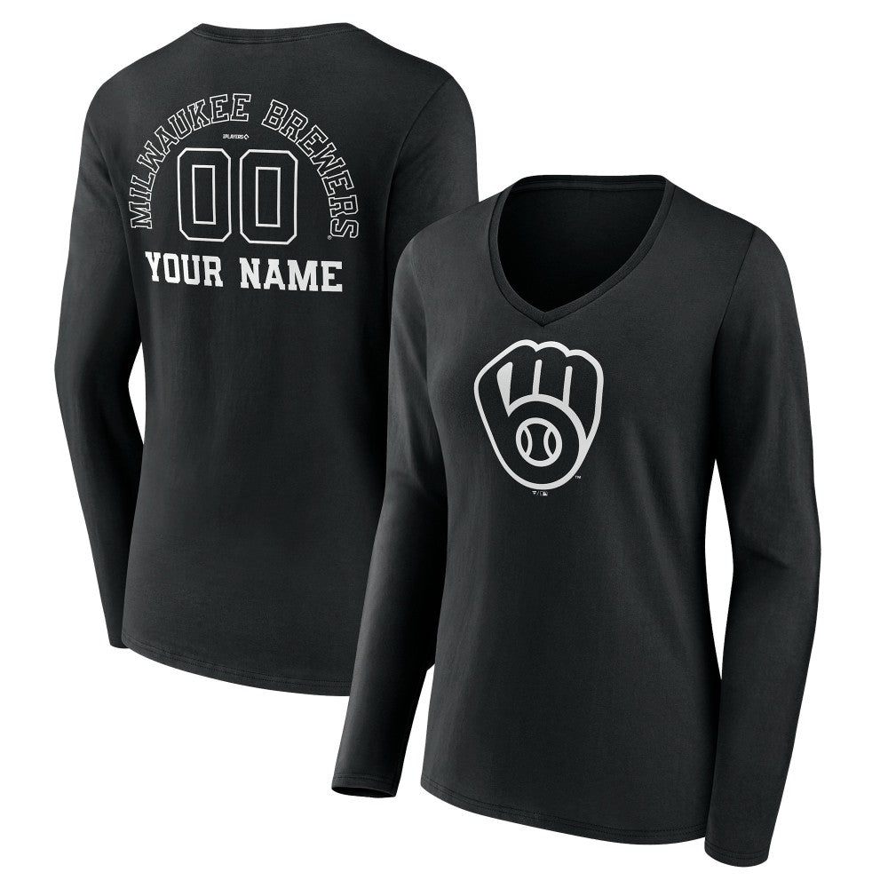 Milwaukee Brewers Women's Monochrome Personalized Name & Number Long Sleeve V-Neck T-Shirt Online