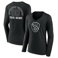 Milwaukee Brewers Women's Monochrome Personalized Name & Number Long Sleeve V-Neck T-Shirt Online