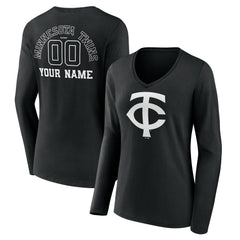 Minnesota Twins Women's Monochrome Personalized Name & Number Long Sleeve V-Neck T-Shirt Clearance