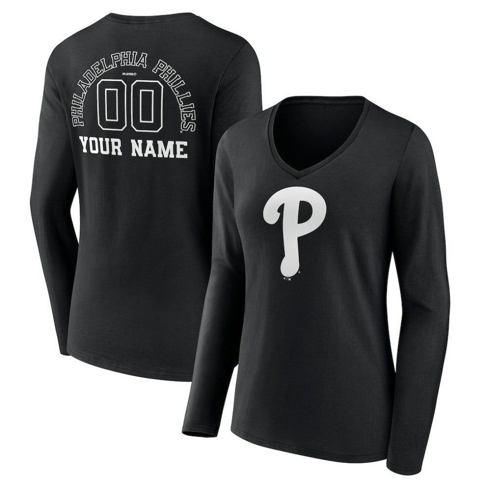 Philadelphia Phillies Women's Monochrome Personalized Name & Number Long Sleeve V-Neck T-Shirt Online