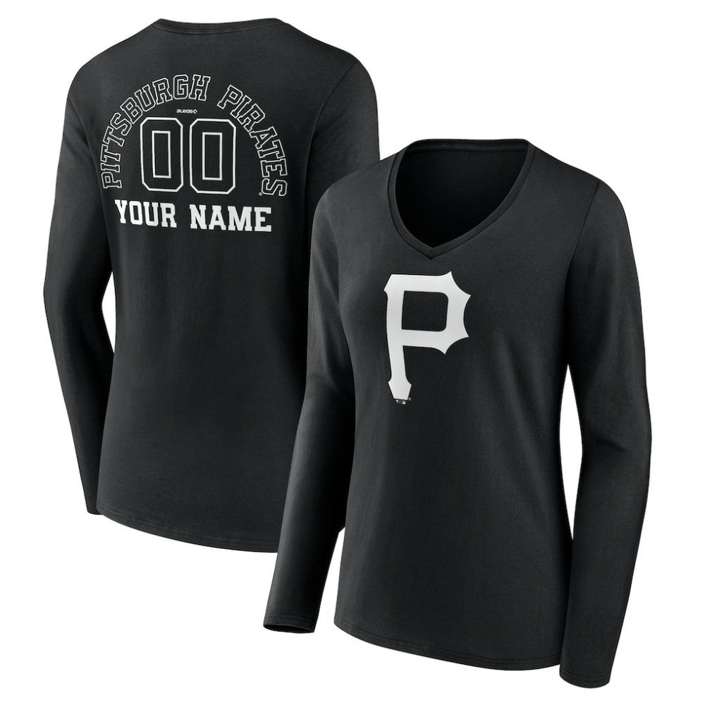 Pittsburgh Pirates Women's Monochrome Personalized Name & Number Long Sleeve V-Neck T-Shirt Online