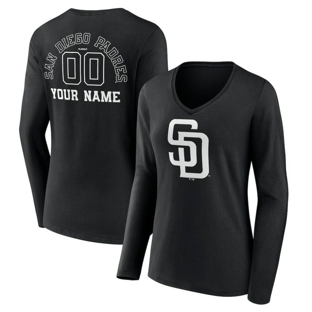 San Diego Padres Women's Monochrome Personalized Name & Number Long Sleeve V-Neck T-Shirt Online