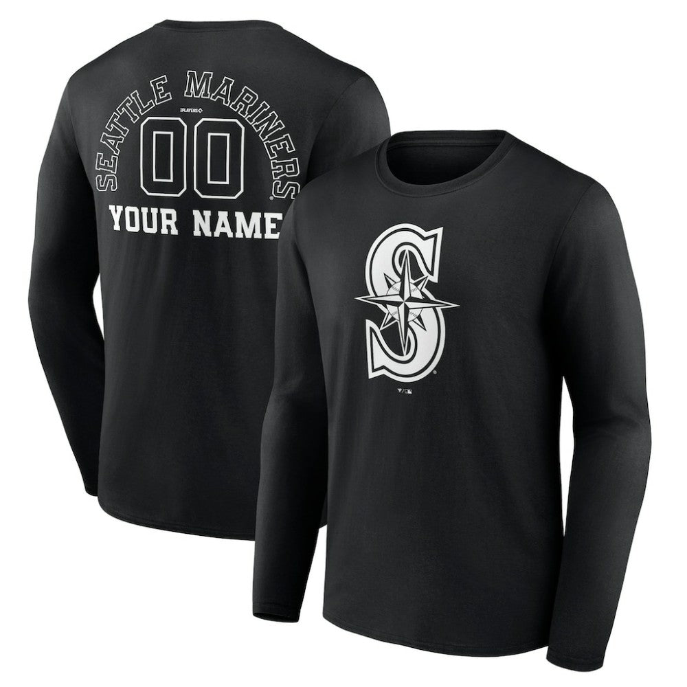 Seattle Mariners Monochrome Personalized Name & Number Long Sleeve T-Shirt Clearance