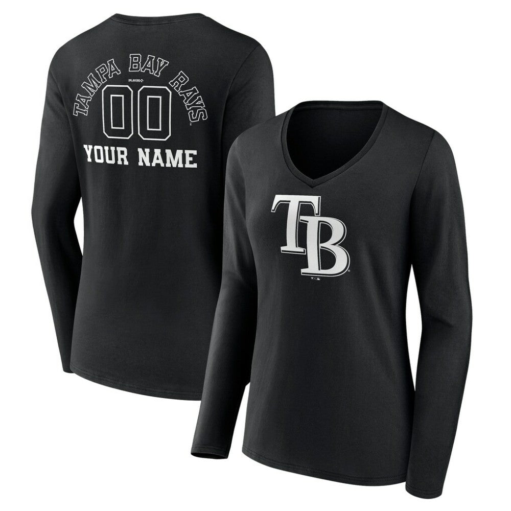 Tampa Bay Rays Women's Monochrome Personalized Name & Number Long Sleeve V-Neck T-Shirt Lifestyle
