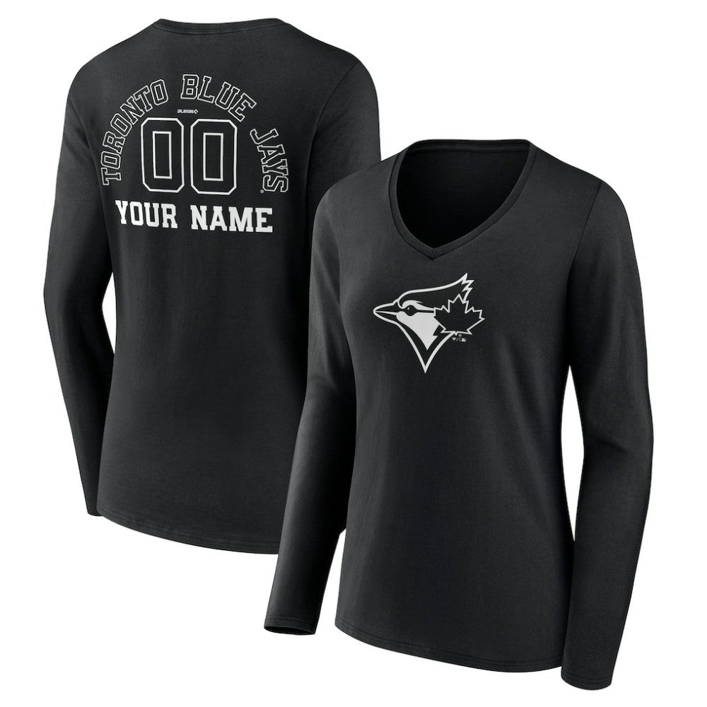 Toronto Blue Jays Women's Monochrome Personalized Name & Number Long Sleeve V-Neck T-Shirt Sale