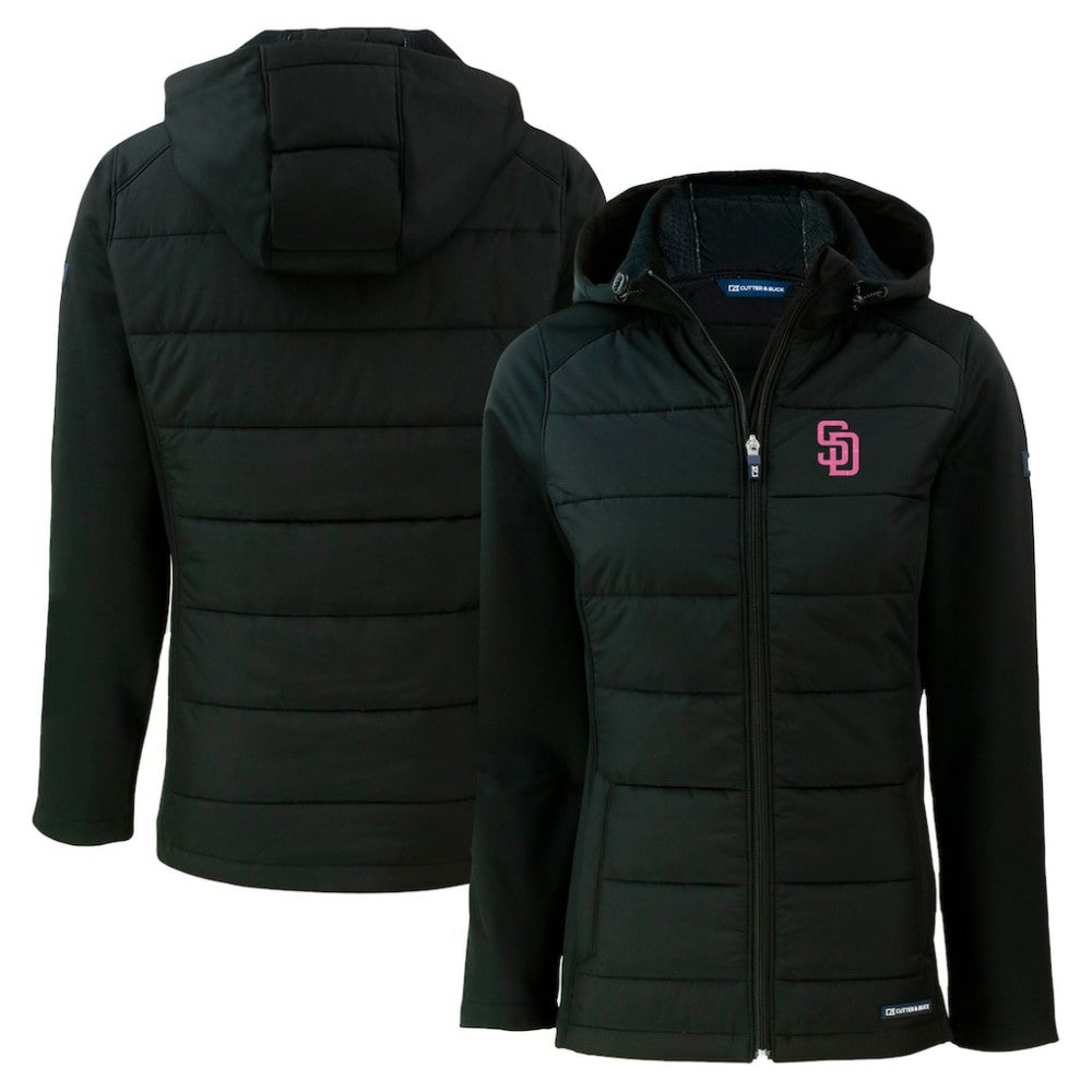 San Diego Padres Cutter & Buck Women's City Connect Evoke Hybrid Eco Softshell Recycled Full-Zip Hoodie Jacket Lifestyle