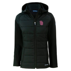 San Diego Padres Cutter & Buck Women's City Connect Evoke Hybrid Eco Softshell Recycled Full-Zip Hoodie Jacket Lifestyle