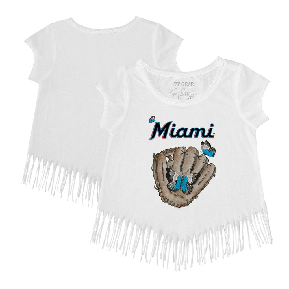 Miami Marlins Tiny Turnip Girls Youth Butterfly Glove Fringe T-Shirt On Sale