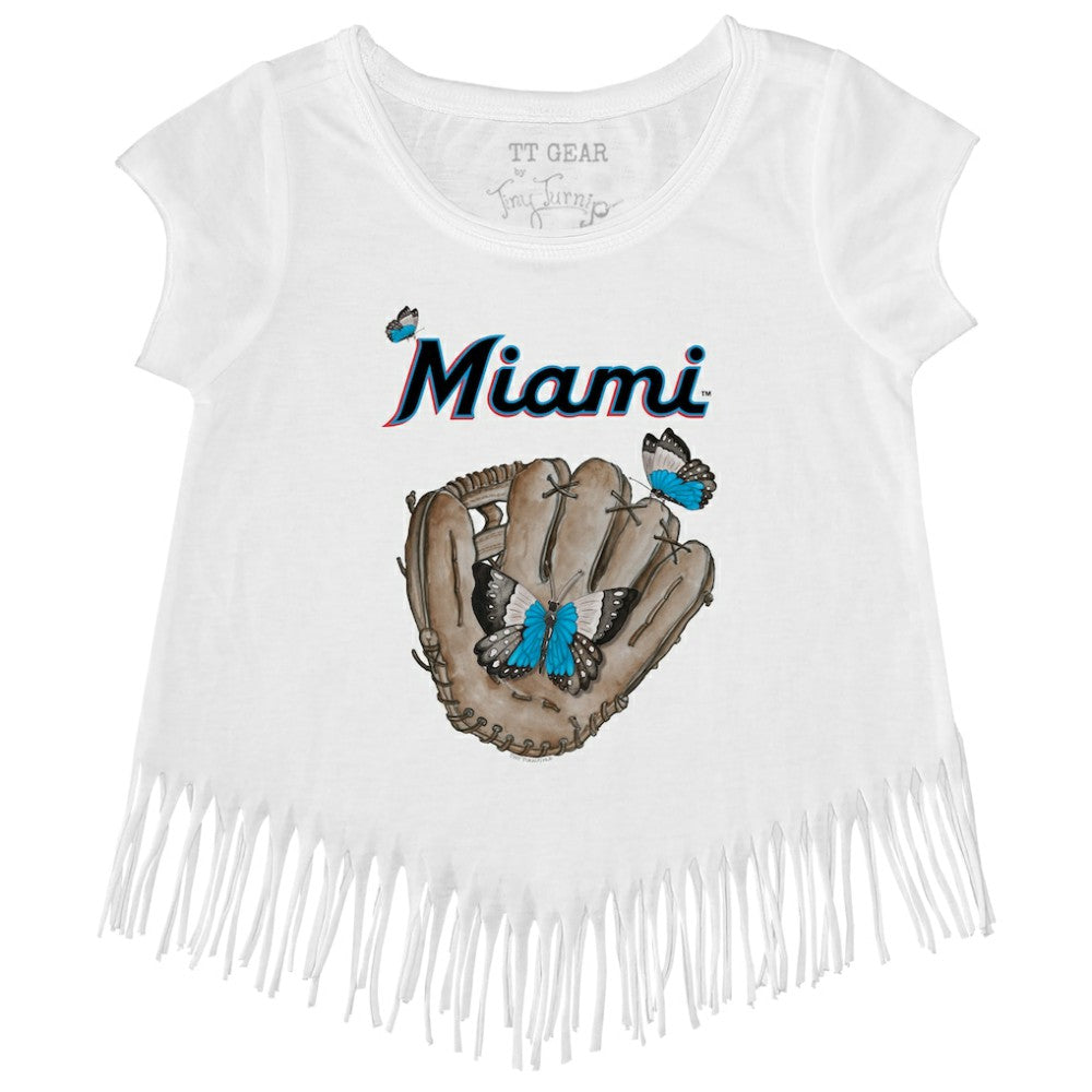 Miami Marlins Tiny Turnip Girls Youth Butterfly Glove Fringe T-Shirt On Sale
