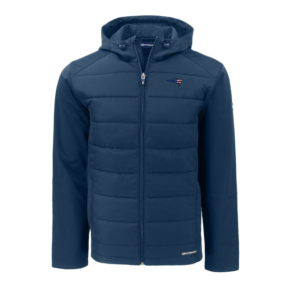 New England Patriots Cutter & Buck Americana Evoke Hybrid Eco Softshell Recycled Full-Zip Hooded Jacket Navy - NFL