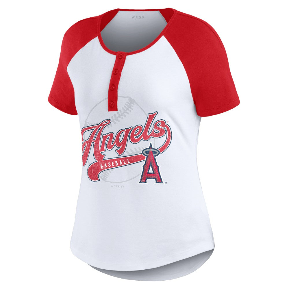 Los Angeles Angels WEAR by Erin Andrews Women's Fitted Henley Raglan T-Shirt Clearance
