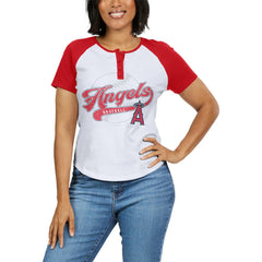 Los Angeles Angels WEAR by Erin Andrews Women's Fitted Henley Raglan T-Shirt Clearance