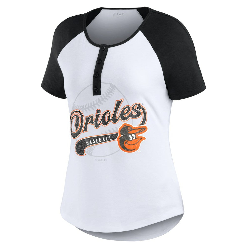 Baltimore Orioles WEAR by Erin Andrews Women's Fitted Henley Raglan T-Shirt Sale