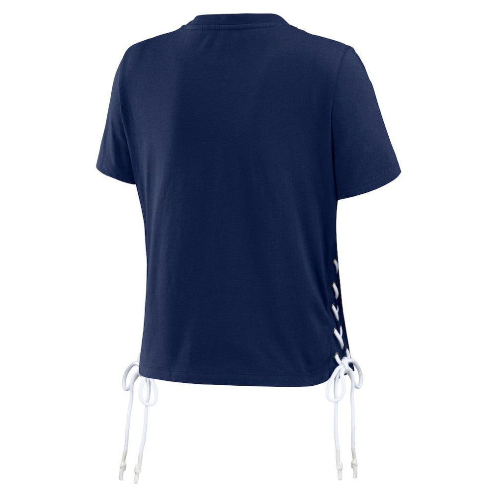 Boston Red Sox WEAR by Erin Andrews Women's Side Lace-Up Cropped T-Shirt On Sale
