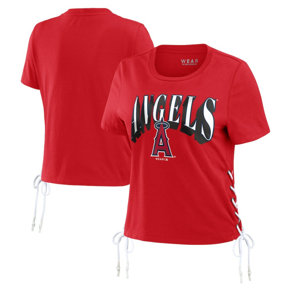 Los Angeles Angels WEAR by Erin Andrews Women's Side Lace-Up Cropped T-Shirt Lifestyle