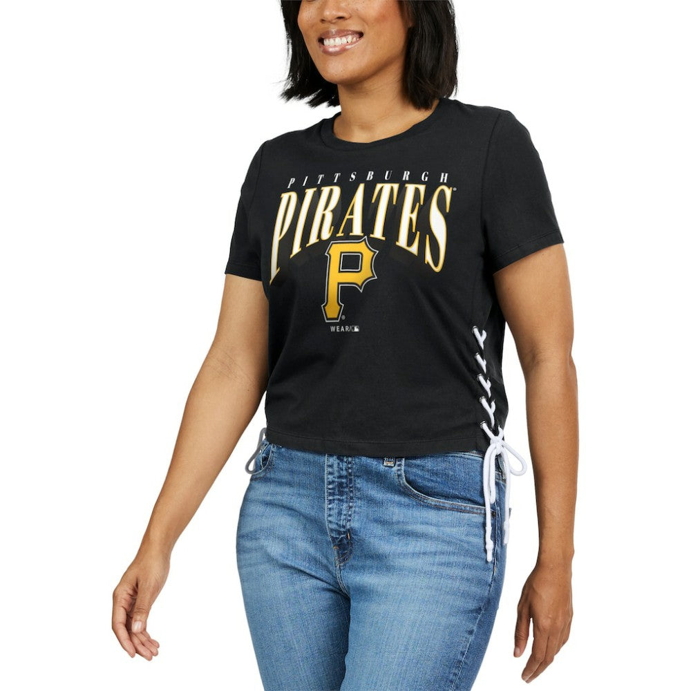 Pittsburgh Pirates WEAR by Erin Andrews Women's Side Lace-Up Cropped T-Shirt Sale