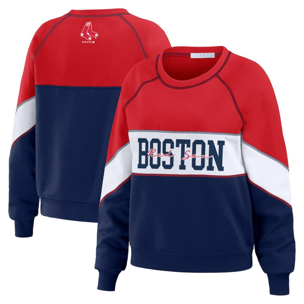 Boston Red Sox WEAR by Erin Andrews Women's Color Block Crew Neck Pullover Sweatshirt for sale