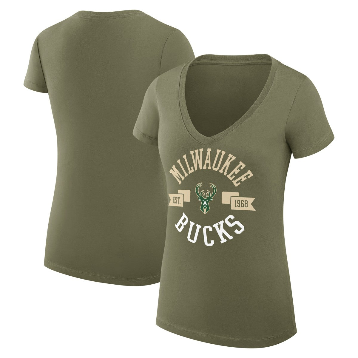 NBA - Milwaukee Bucks G-III 4Her by Carl Banks Women's Super-Slim Fit Lightweight Large City Logo V-Neck T-Shirt - Olive