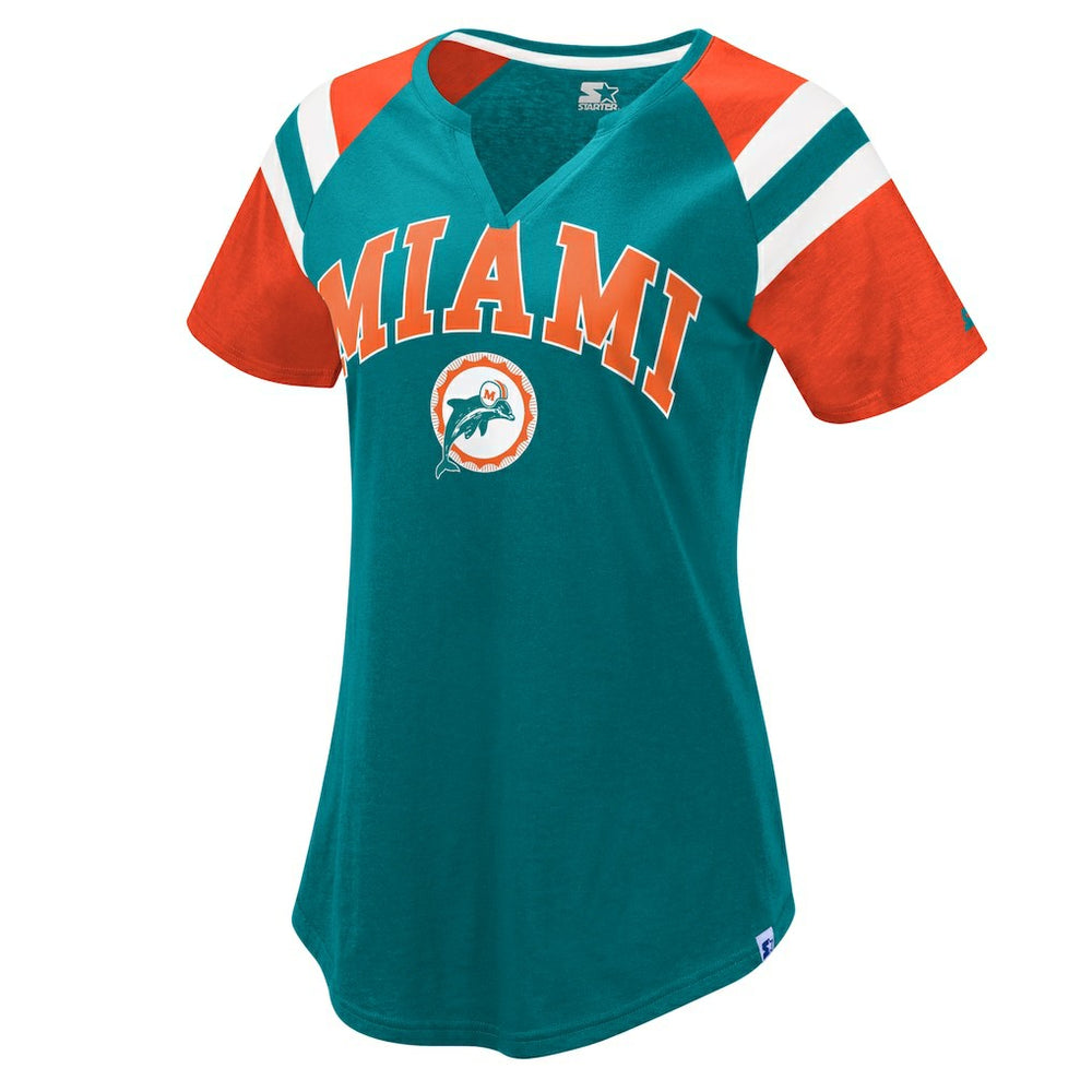 Miami Dolphins Starter Women's Game On Notch Neck Raglan T-Shirt Aqua/Orange - NFL