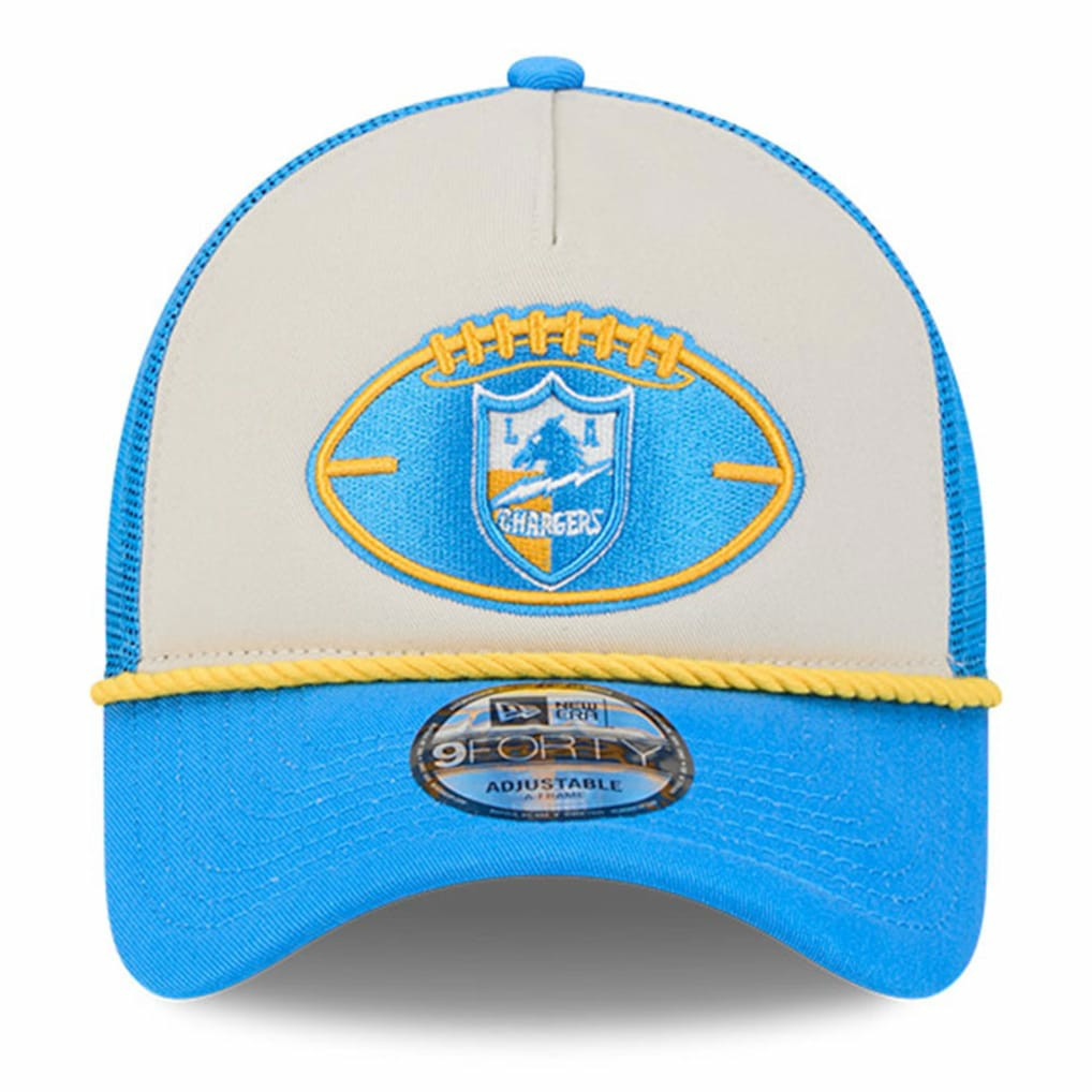 Los Angeles Chargers New Era 2024 Sideline Historic 9FORTY A-Frame Trucker Adjustable Hat Stone/Powder Blue - NFL