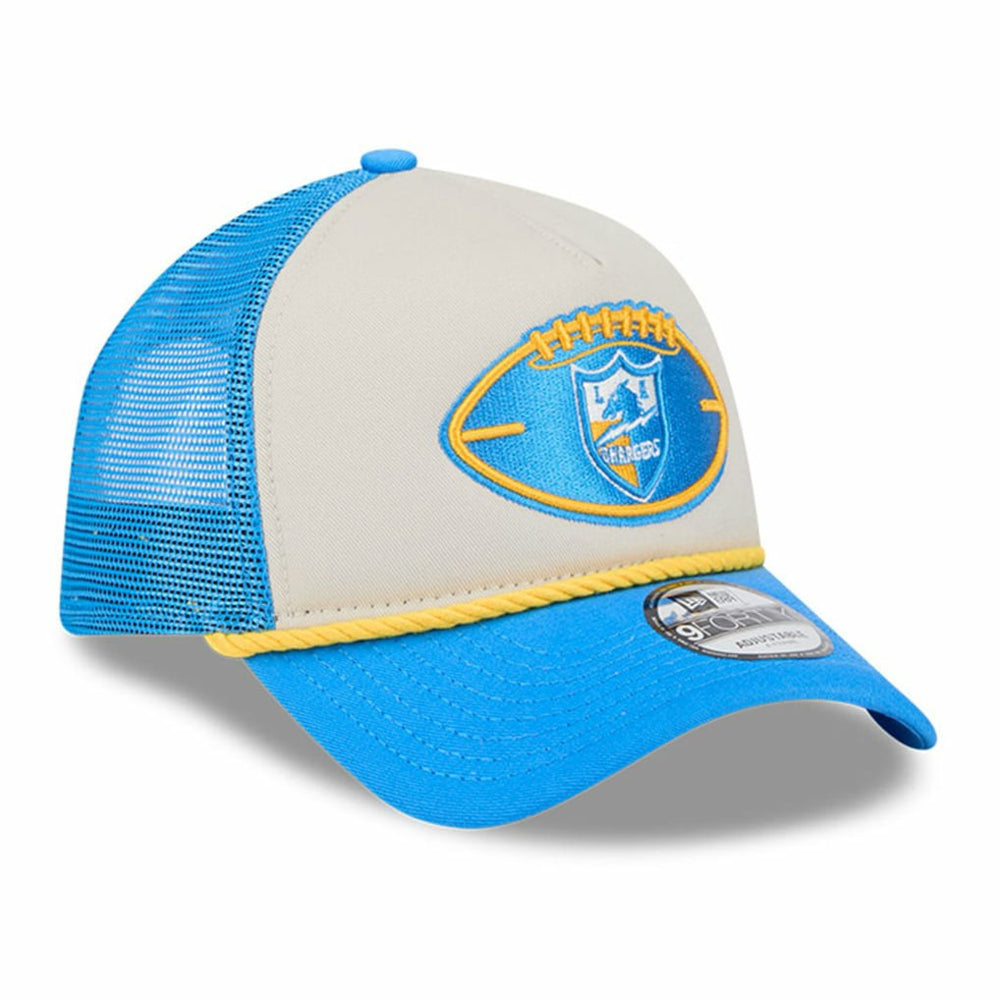 Los Angeles Chargers New Era 2024 Sideline Historic 9FORTY A-Frame Trucker Adjustable Hat Stone/Powder Blue - NFL