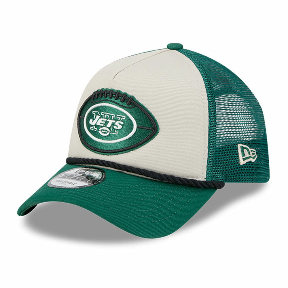 New York Jets New Era 2024 Sideline Historic 9FORTY A-Frame Trucker Adjustable Hat Stone/Green - NFL