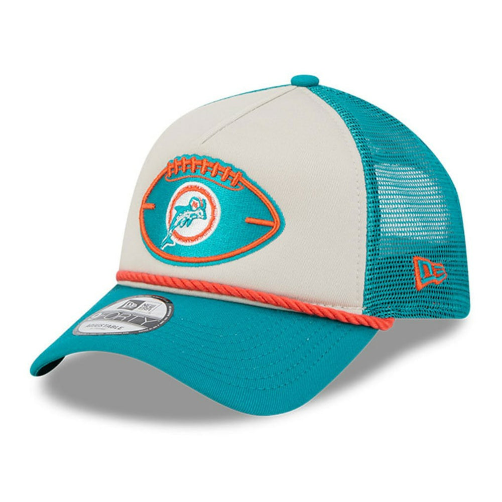 Miami Dolphins New Era 2024 Sideline Historic 9FORTY A-Frame Trucker Adjustable Hat Stone/Aqua - NFL