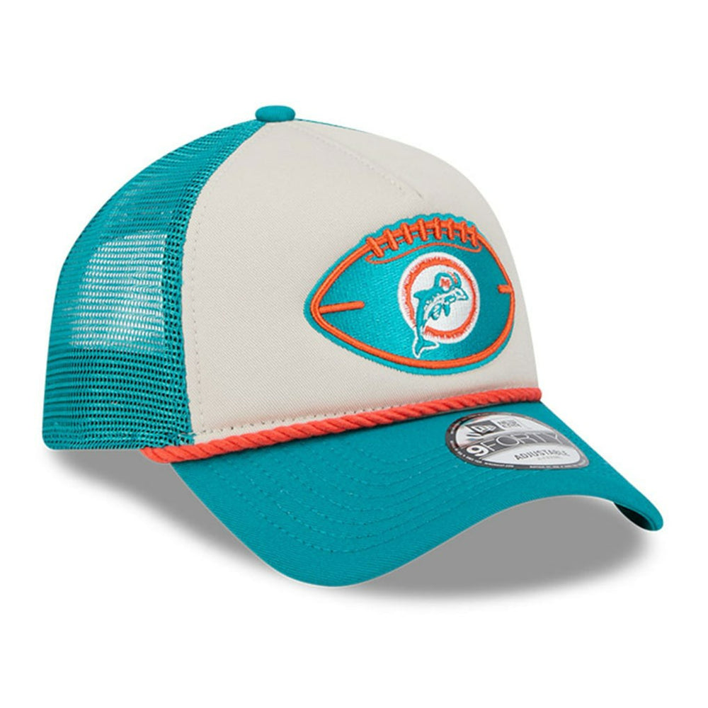 Miami Dolphins New Era 2024 Sideline Historic 9FORTY A-Frame Trucker Adjustable Hat Stone/Aqua - NFL
