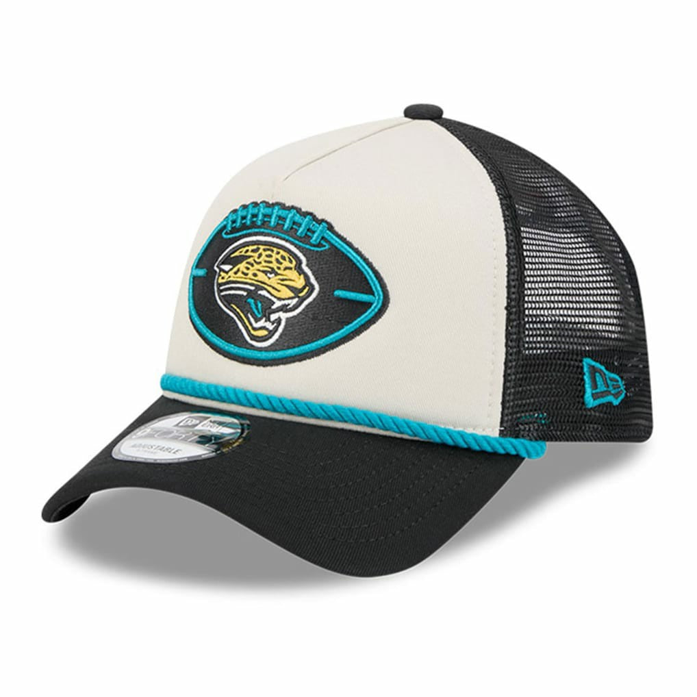 Jacksonville Jaguars New Era 2024 Sideline Historic 9FORTY A-Frame Trucker Adjustable Hat Stone/Black - NFL