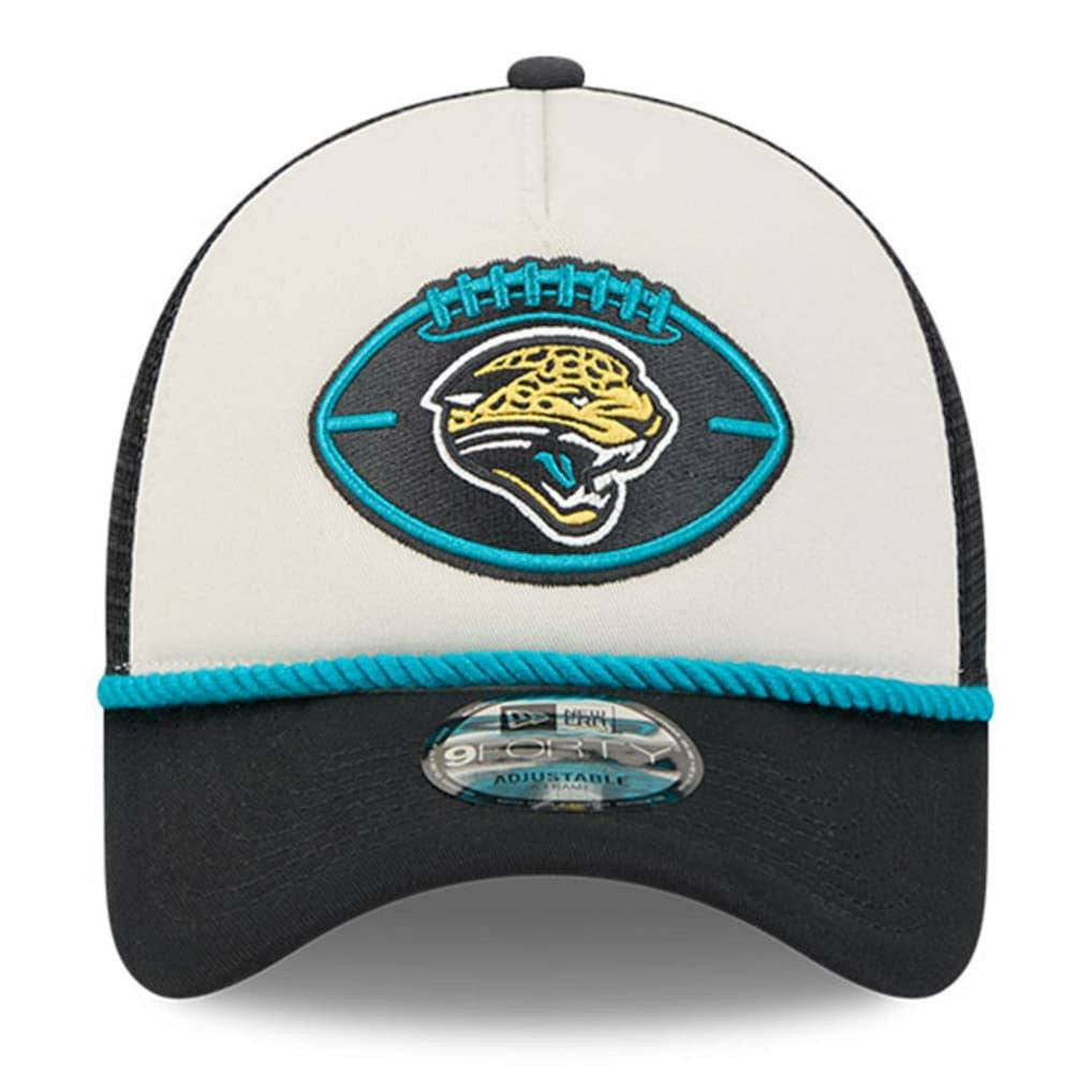 Jacksonville Jaguars New Era 2024 Sideline Historic 9FORTY A-Frame Trucker Adjustable Hat Stone/Black - NFL