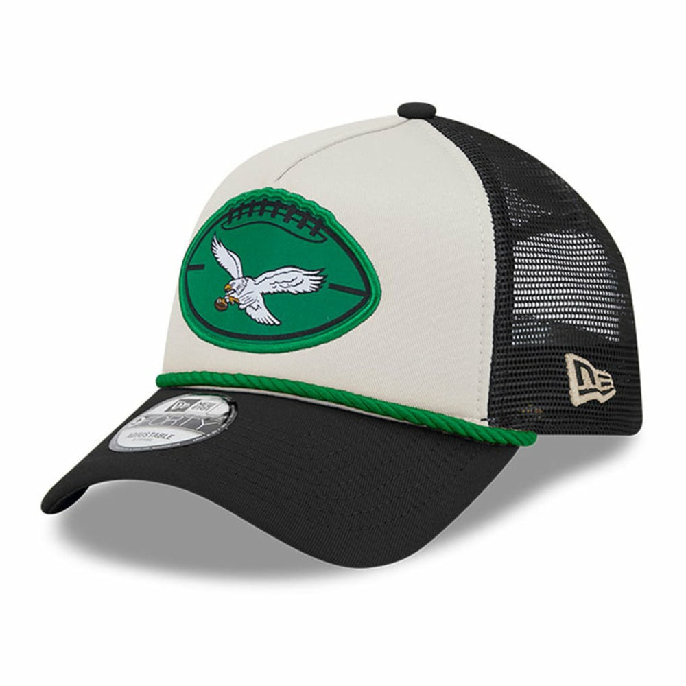 Philadelphia Eagles New Era 2024 Sideline Historic 9FORTY A-Frame Trucker Adjustable Hat Stone/Black - NFL