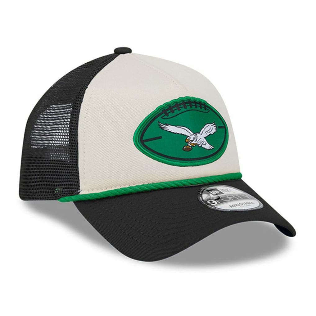 Philadelphia Eagles New Era 2024 Sideline Historic 9FORTY A-Frame Trucker Adjustable Hat Stone/Black - NFL