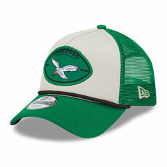 Philadelphia Eagles New Era 2024 Sideline Historic 9FORTY A-Frame Trucker Adjustable Hat Stone/Kelly Green - NFL