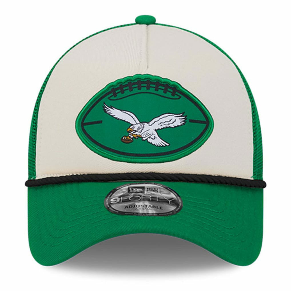 Philadelphia Eagles New Era 2024 Sideline Historic 9FORTY A-Frame Trucker Adjustable Hat Stone/Kelly Green - NFL