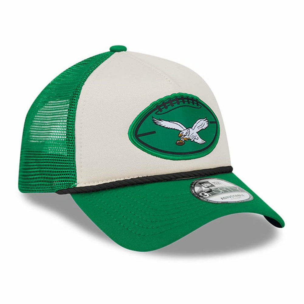 Philadelphia Eagles New Era 2024 Sideline Historic 9FORTY A-Frame Trucker Adjustable Hat Stone/Kelly Green - NFL
