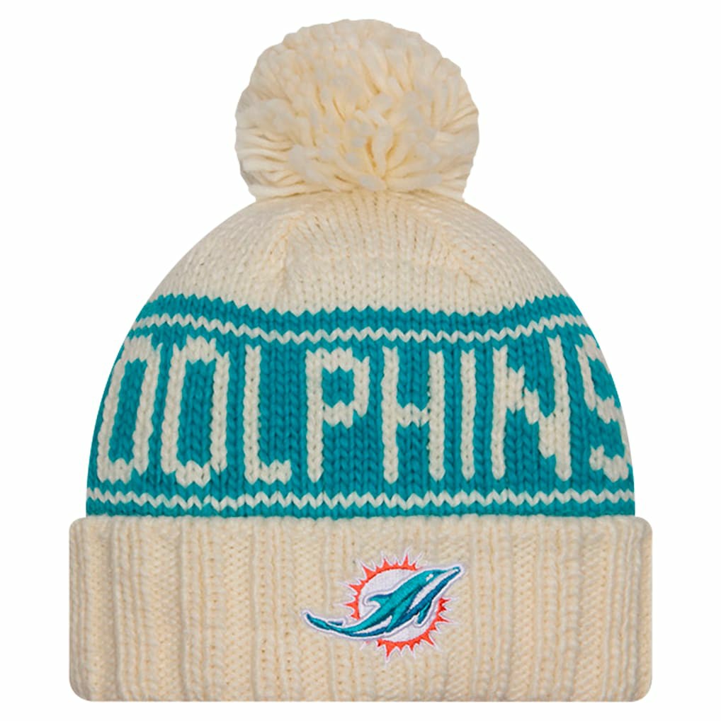 Miami Dolphins New Era Women's 2024 Sideline Cuffed Knit Hat with Pom Cream - NFL
