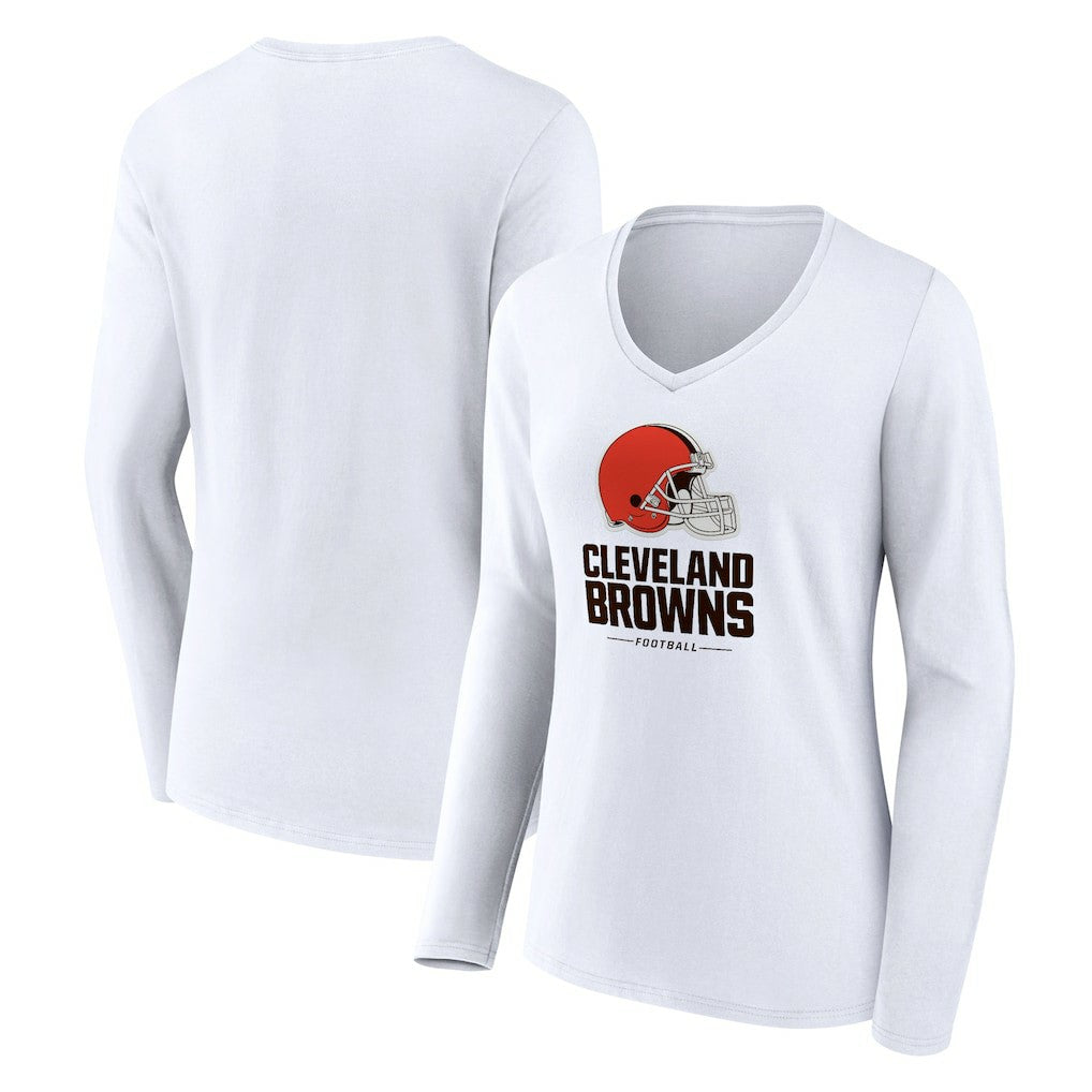 Cleveland Browns Women's Team Lockup Long Sleeve V-Neck T-Shirt White - NFL