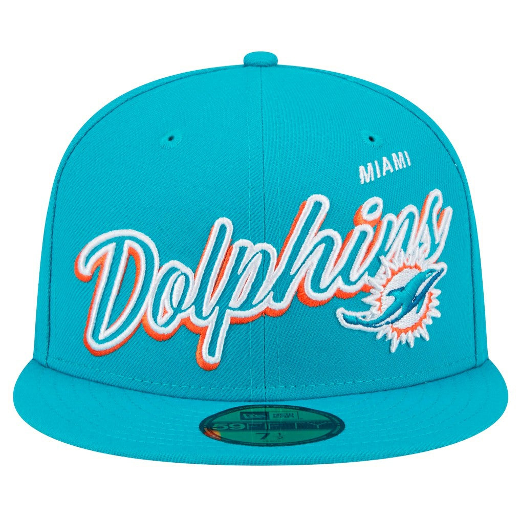 Miami Dolphins New Era Script Sided 59FIFTY Fitted Hat Aqua - NFL