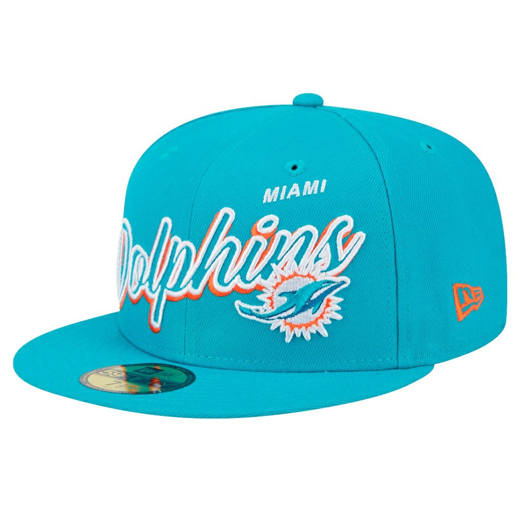 Miami Dolphins New Era Script Sided 59FIFTY Fitted Hat Aqua - NFL