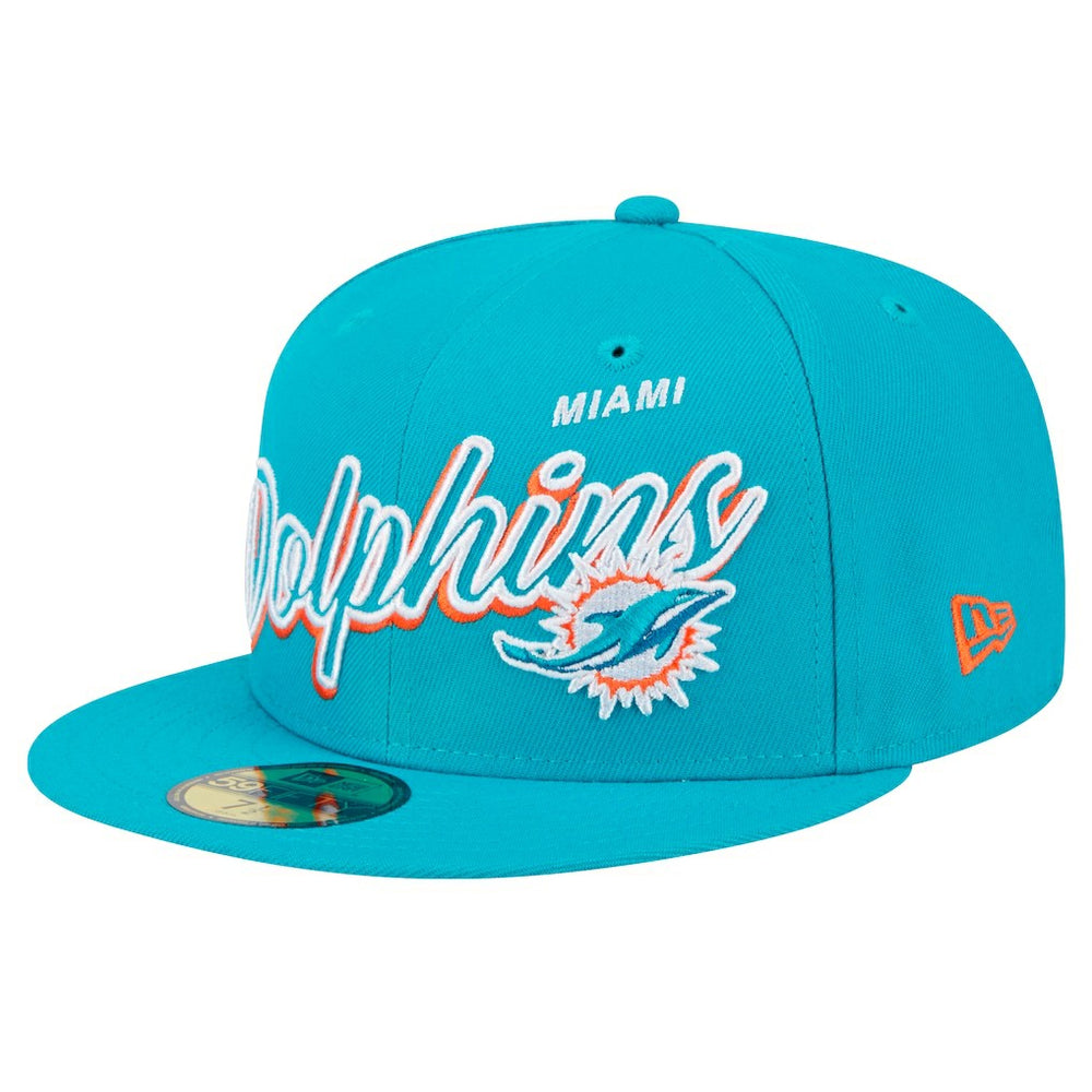Miami Dolphins New Era Script Sided 59FIFTY Fitted Hat Aqua - NFL